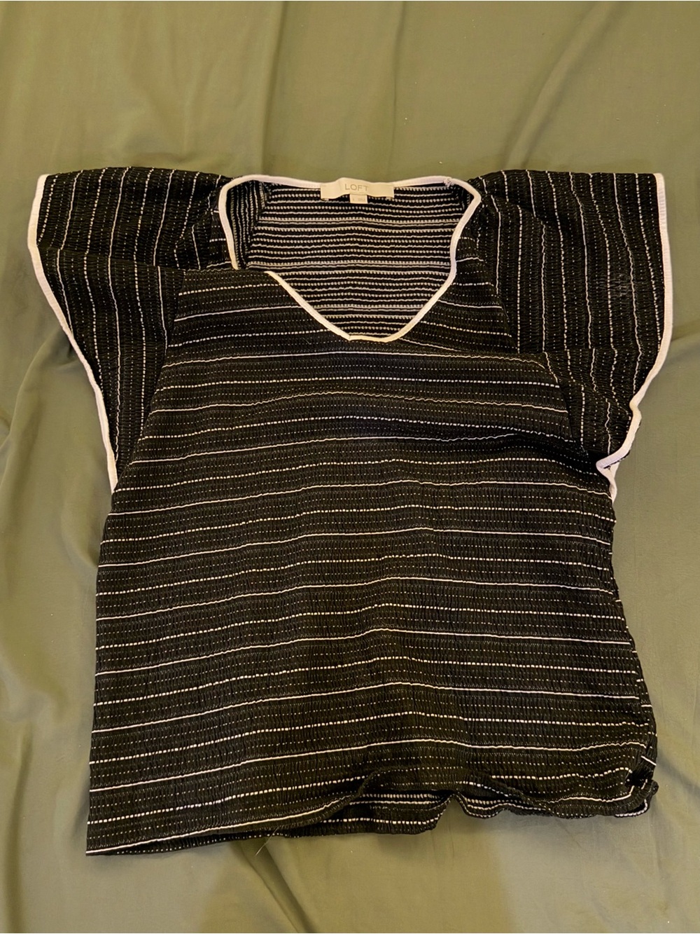 LOFT Black Striped Flutter Sleeve Blouse with White Piping
